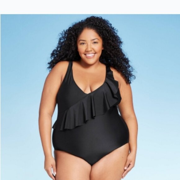 KONA SOL BLACK ASYMMETRICAL SHOULDER RUFFLE HIGH COVERAGE ONE PIECE SIZE 22 W - Picture 1 of 12